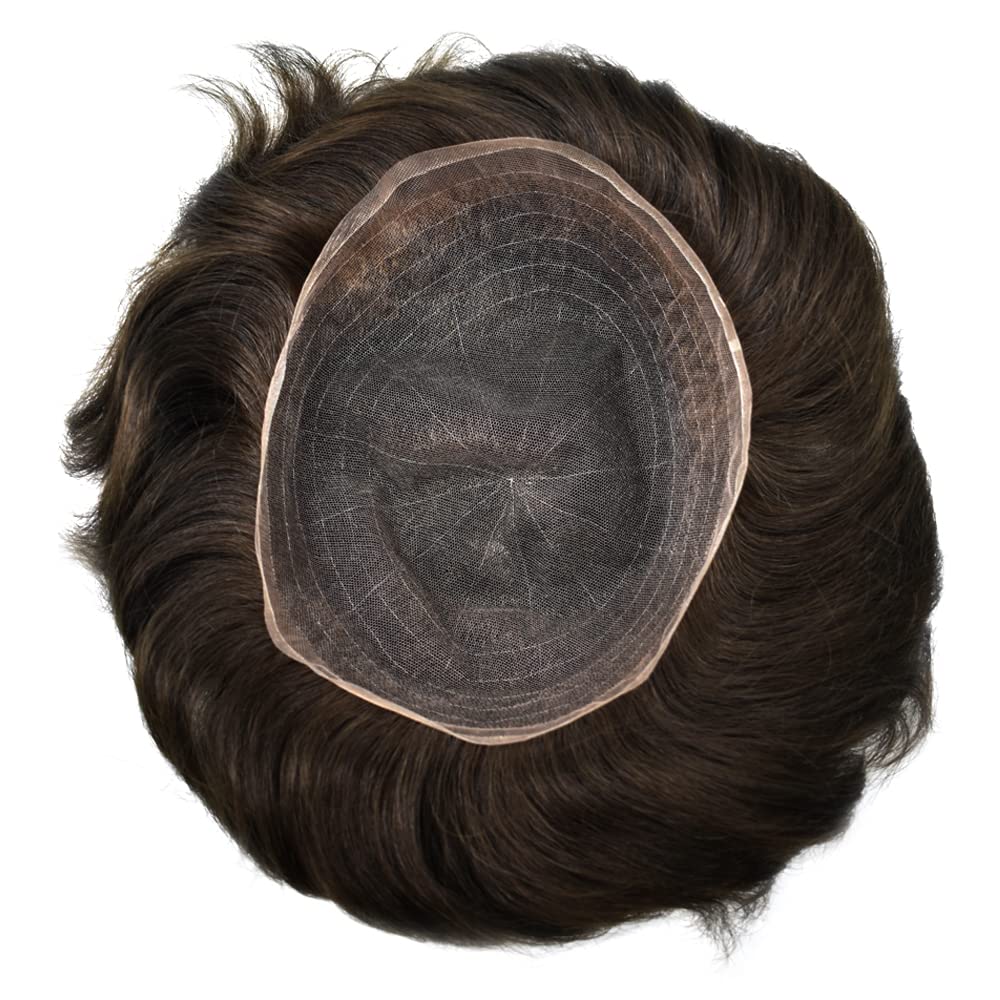 F M Human Hair Toupee For Men French Lace With Poly Mens Hair Replacement System Natural Hairline Hair System For Men Bleached Knots 8"X10" #1B20 Off Black With 20%gray -100?nsity