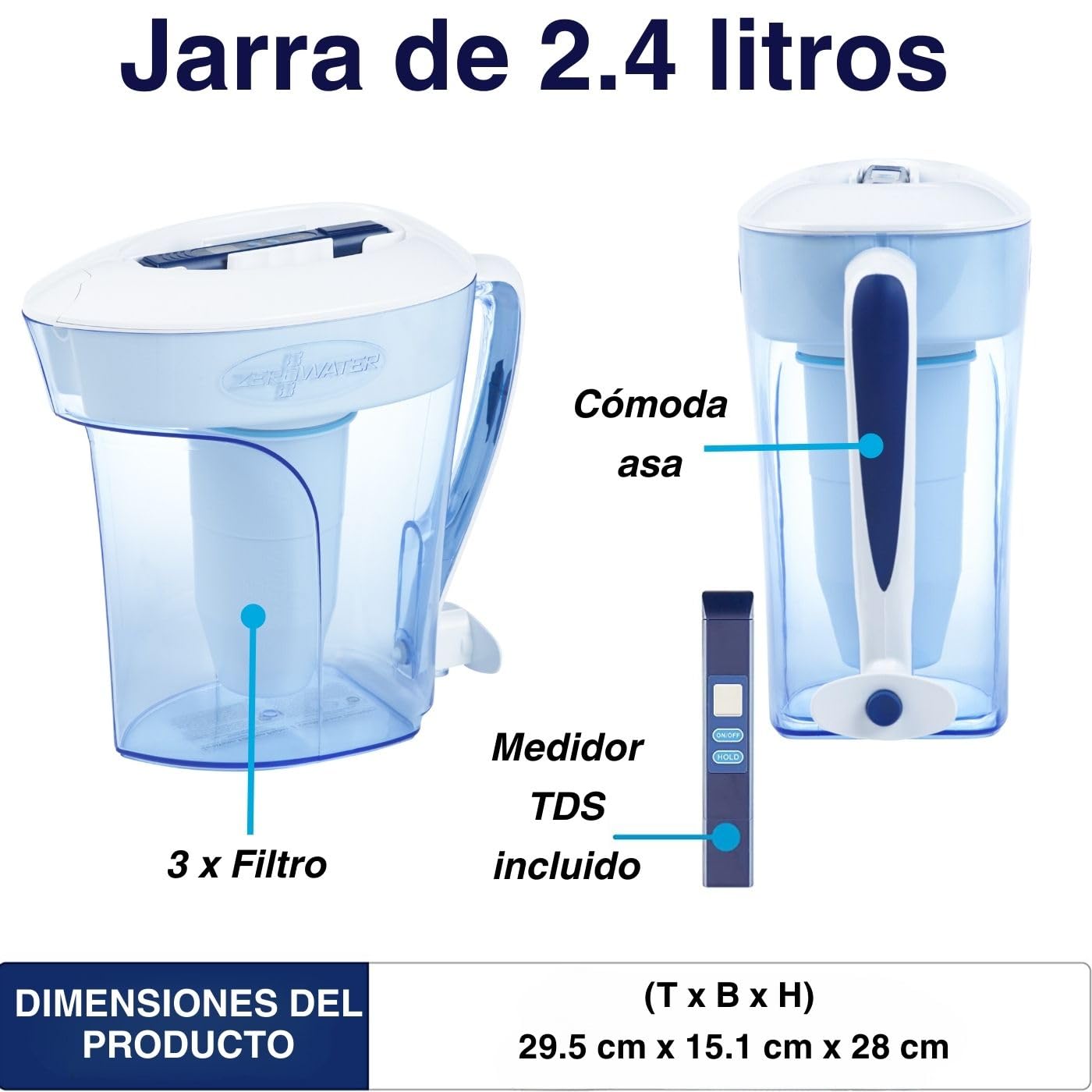 ZeroWater Combo Jarra filtradora de agua de 2,4 litros con 3 Filtros y Medidor de Calidad de Agua incluido, Libre de BPA y certificada para Reducir el Plomo y Otros Metales Pesados — view 3