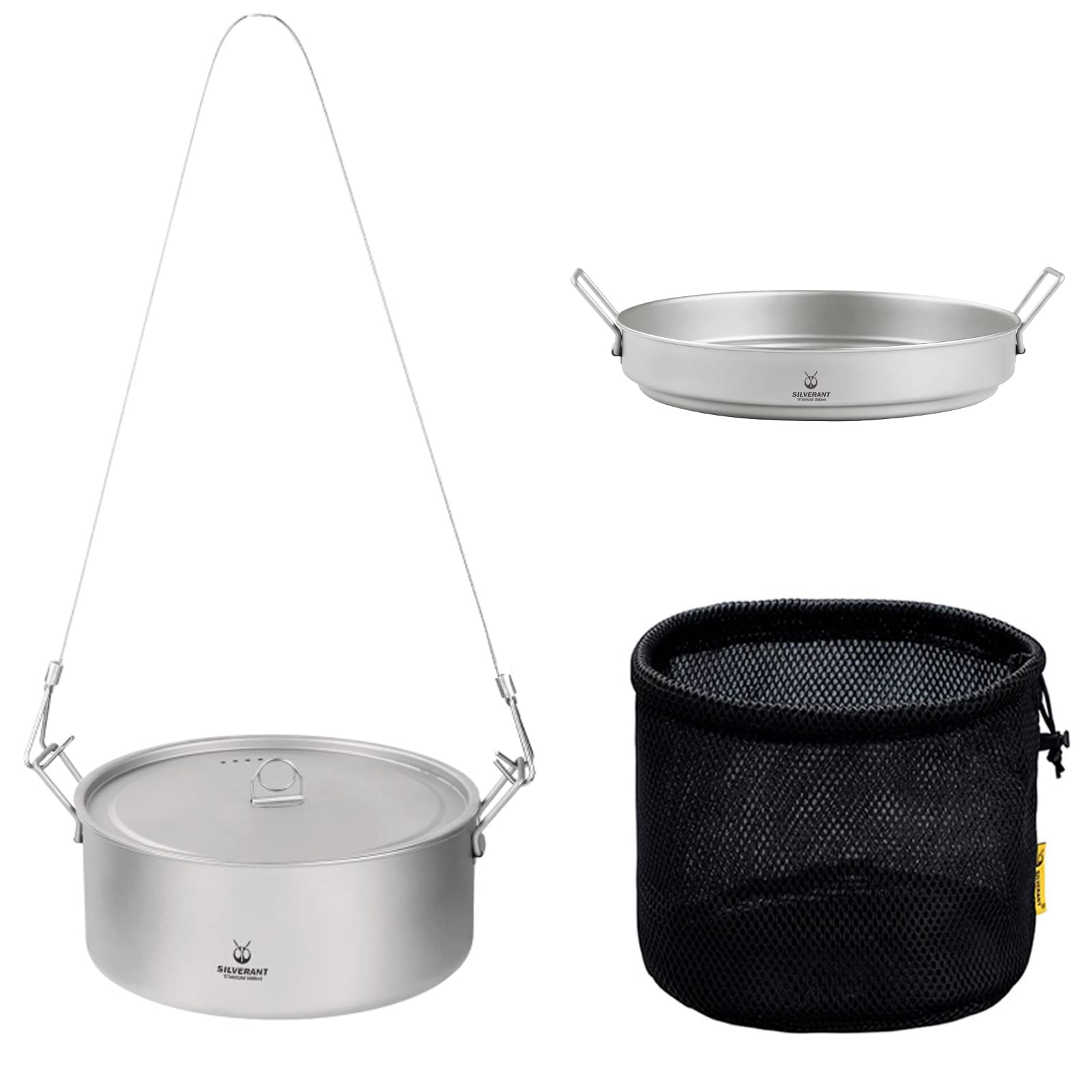 SILVERANT Ultralight Titanium Large 2-Piece Pot & Pan Camping Cookware Set, Lightweight Titanium Camping Pot Mug with Hanger/Retractable Handles and