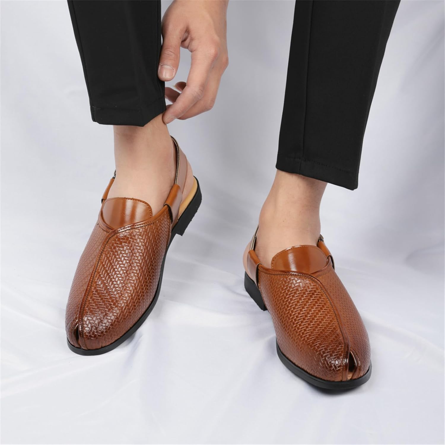 Men's Woven Leather Close-Toe Sandals with Adjustable Ankle Strap Breathable Lightweight Summer Arch Support Slip-On Flats Casual Dress Beach Walking Office Formal Work Shoes