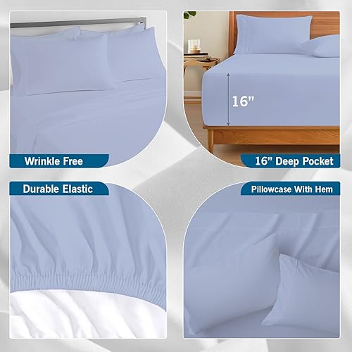 Miniatura 5 de Saaz Linen Juego de sábanas de 4 piezas, 100% algodón egipcio, 1000 hilos, 16 pulgadas de profundidad, colección de ropa de cama suave de lujo para