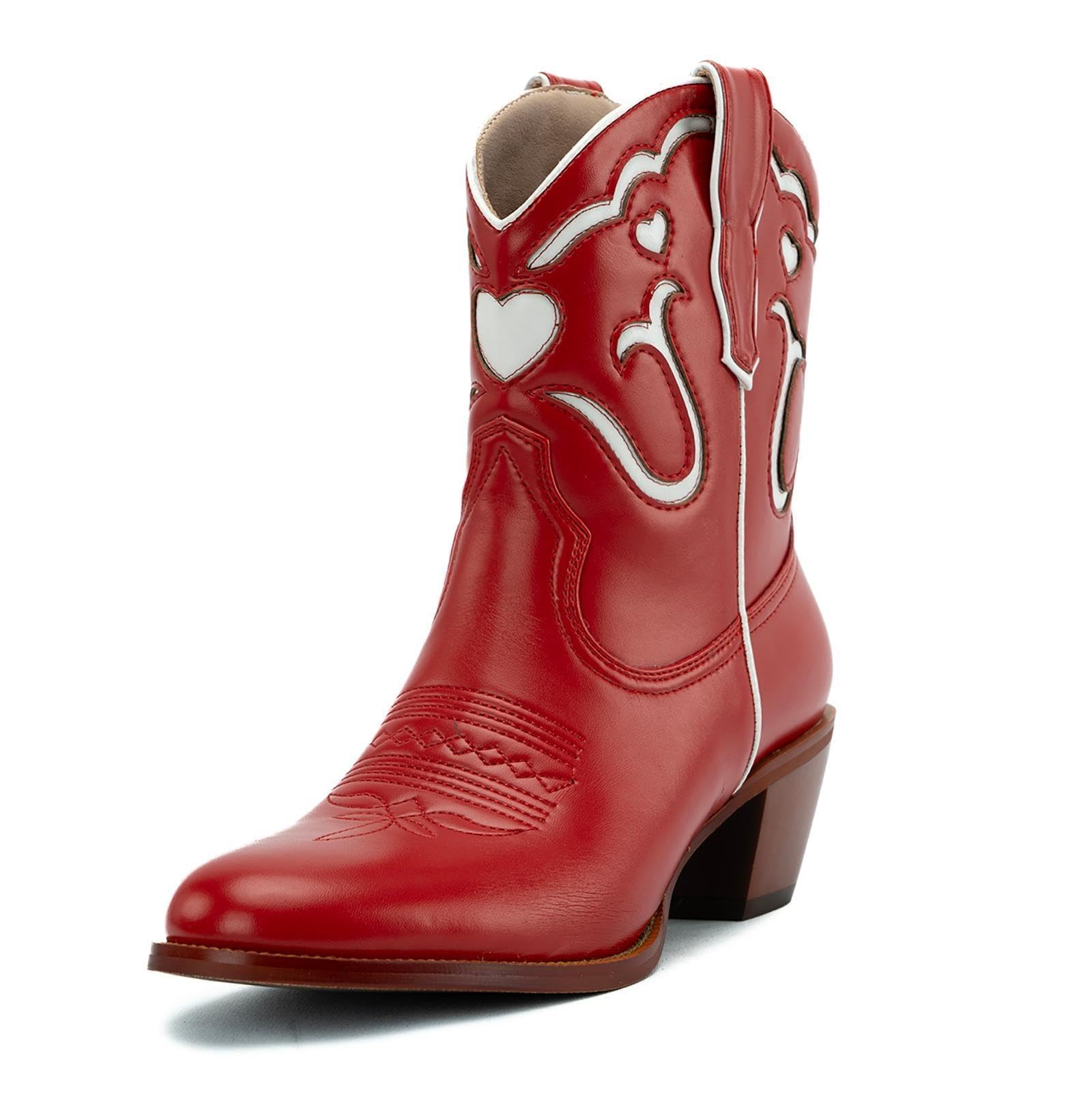 KaroNairy Cowboy Booties for Women Stitch White Heart Inlay Round Slip-On Western Cowgirl Ankle Cowboy Work Boots 11