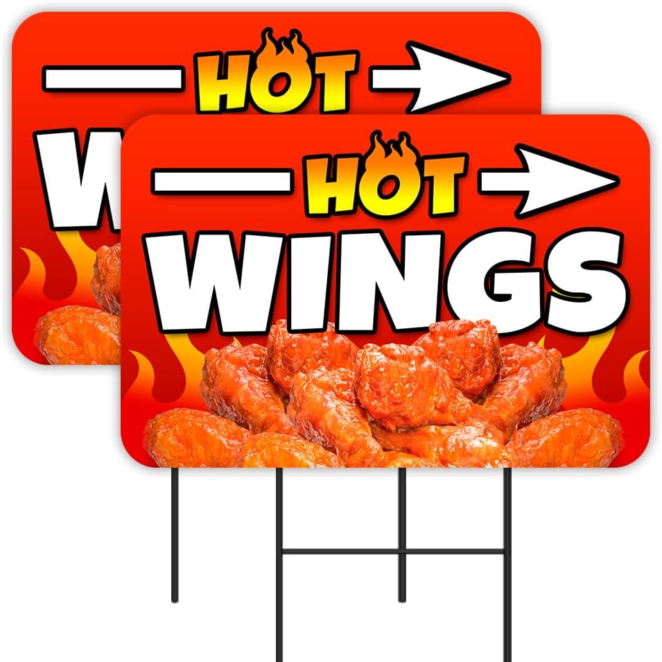 Hot Wings 2 Pack Double-Sided Yard Signs 16" x 24" with Metal Stakes (Made in Texas)