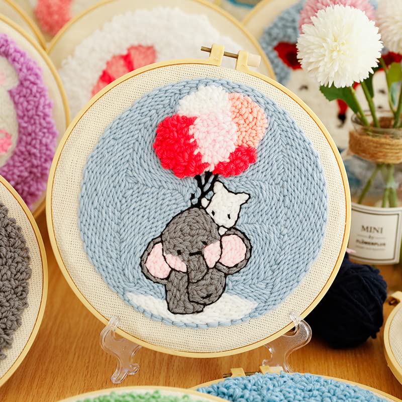 Punch Needle Embroidery Starter Kits for Kids and Adults Beginners with Punch Needle Tool,Threader, Stamped Fabric Embroidery,Hoop,Elephant & Balloon Yarn Rug Punch Needle