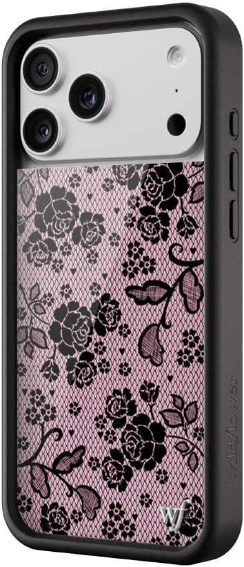 Wildflower Cases - Compatible with iPhone 17 Pro Max | Protective Black Bumper, 6.5ft Drop Test Certified, Women Owned Small Business | Pink Black Floral Rose Aesthetic Trendy | Lace Lover
