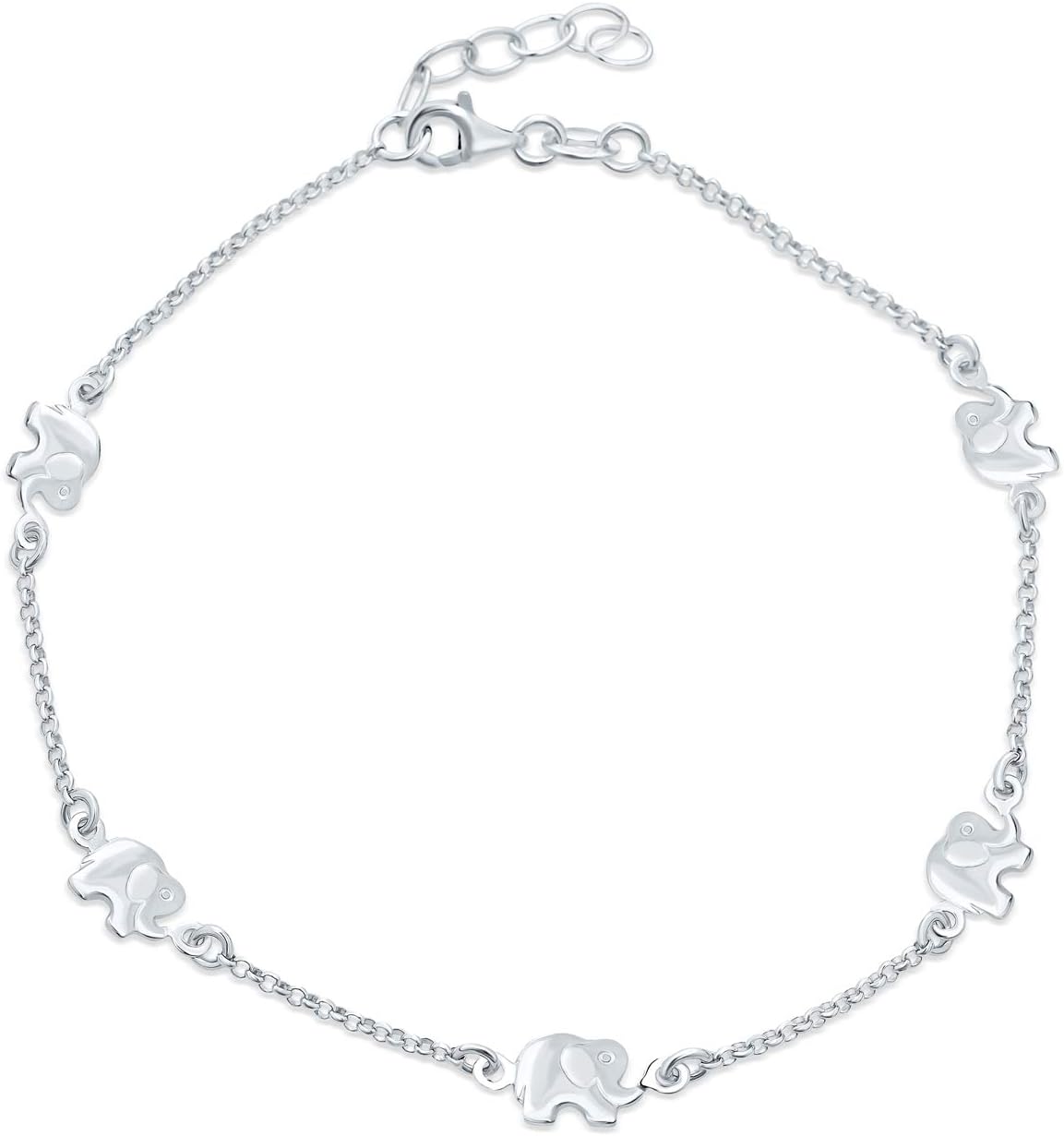 Bling Jewelry ZOO Animal Lucky Slender 5 Station Multi Charm Linked Elephants Anklet Foot Ankle Bracelet For Women .925 Sterling Silver 9 or 10 Inch