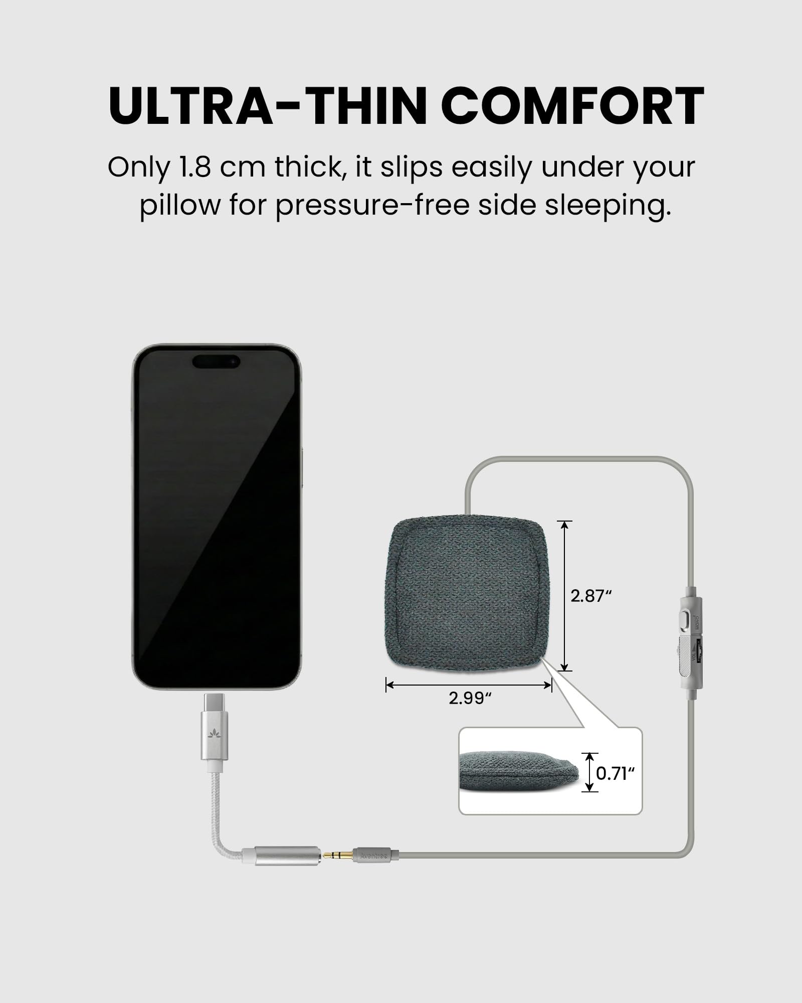 Avantree Slumber Mini – Altoparlante Da Cuscino Con Cavo Per Dormire, Audio Notturno Morbido, Senza Ricarica, Controllo Volume In Linea, USB-C E AUX, Cuffie Per Podcast E Audiolibri
