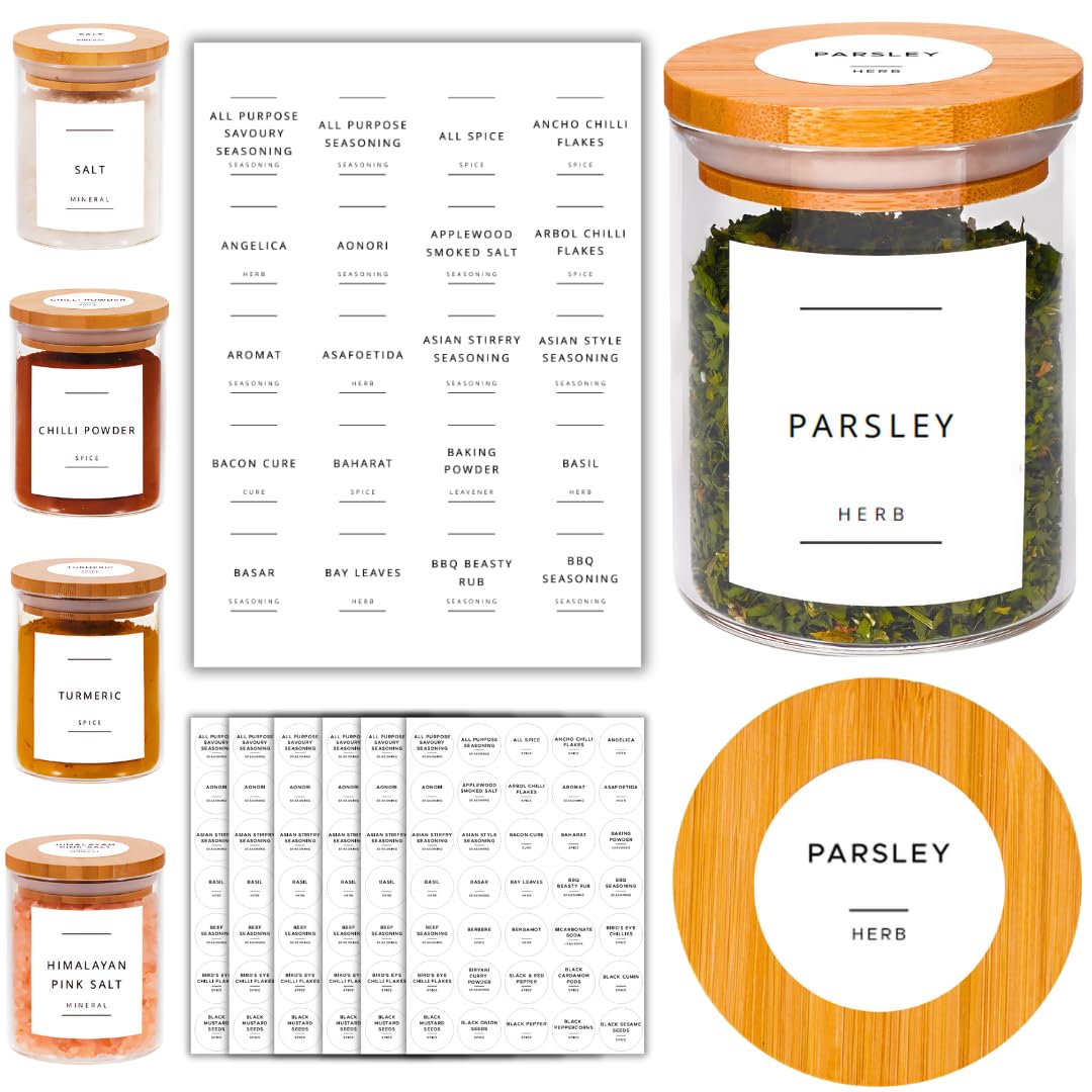 678 x Spice Jar Labels - Waterproof Spice Labels Stickers for Jars of Herbs Spices & Seasoning- Spice Stickers for Jars Bottles & Containers - Kitchen Storage & Organisation
