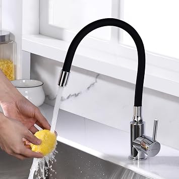 GRIFEMA Flexible Kitchen Tap, Polished Chrome Kitchen Mixer Tap with 360° Swivel Bendable Spout, Single Lever Kitchen Sink Taps with Dual Function Spray, Solid Brass-Black