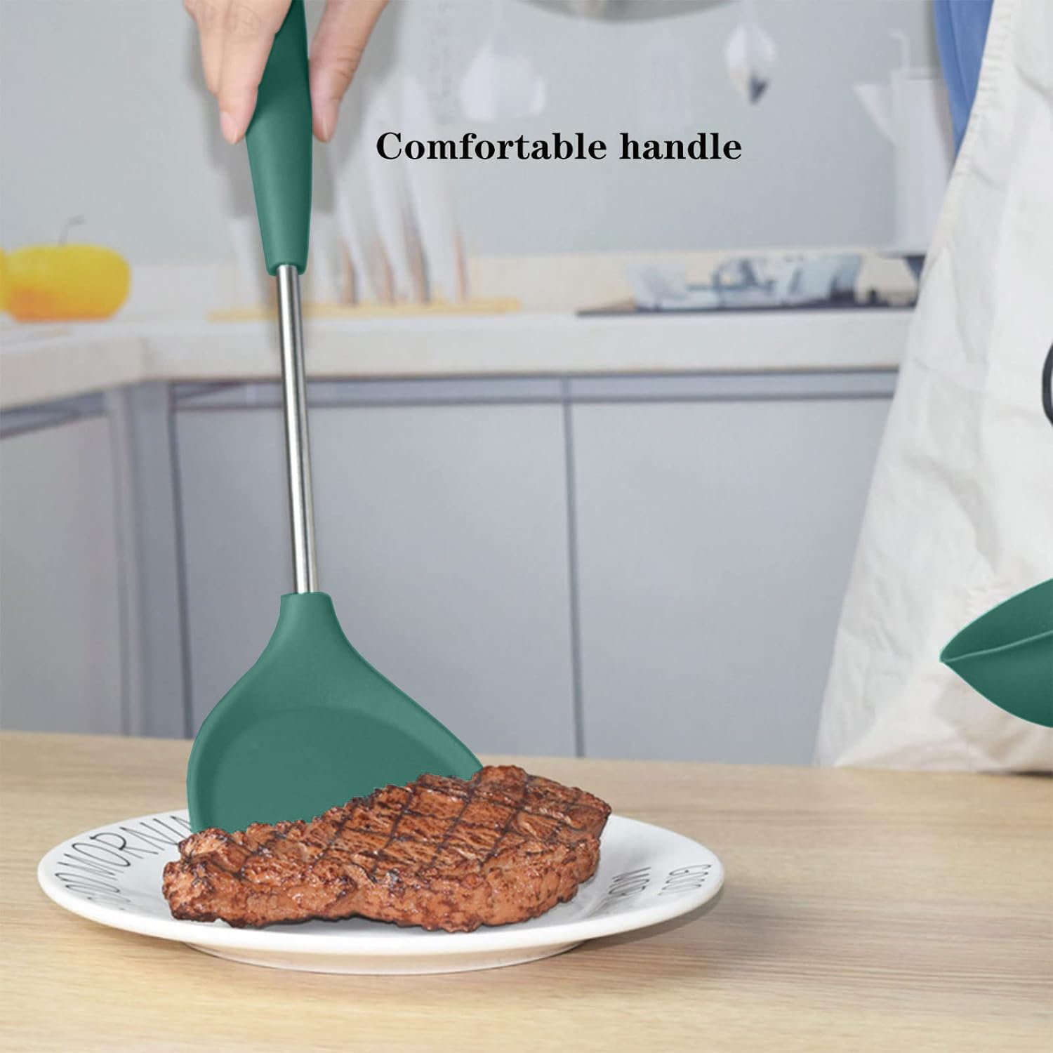 FS COOL Karchi for Cooking - Silicone Spaghetti Fork - Non Stick Rice Spoon - Skimmer Slotted Spoon - Spatula Stand - Soup Ladle - Slotted Spoon - Pasta Server - Scooper Spatula (Set of 5, Green) 4