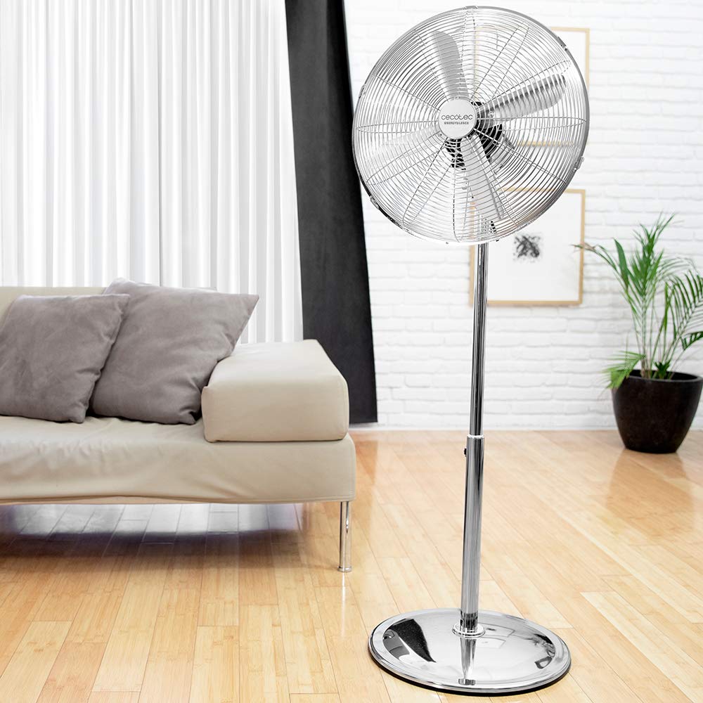 Cecotec Ventilateur sur pied EnergySilence 620 Retrostyle. 50 W, finition chromée, 16" de diamètre avec 4 pales, 3 vitesses, oscillation, hauteur réglable, sécurité maximale