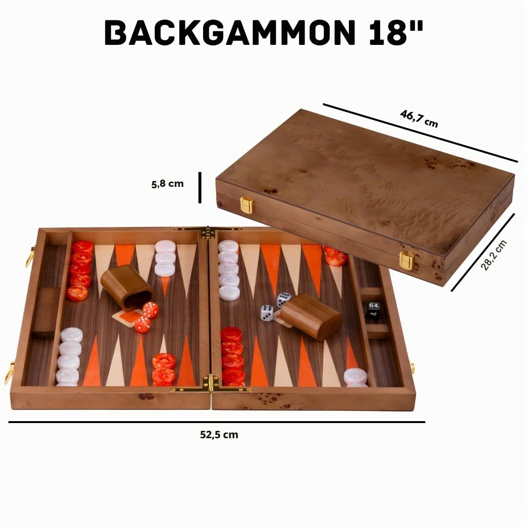 Engelhart-250549 – Backgammon Holz 18 Zoll (45,5 cm) Luxus Koffer Maserholz Walnuss-Inlay – Offen 52 × 45,5 cm – Orange/Weiße Steine – Würfel & Becher – Strategiespiel