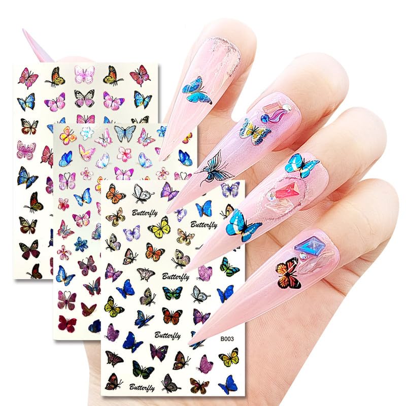 16 Sheets Butterfly Nail Art Stickers Decals 3D Self-Adhesive Fingernail Stickers Colorful Butterfly Designs Nail Stickers for Acrylic Manicure DIY Nail Decoration