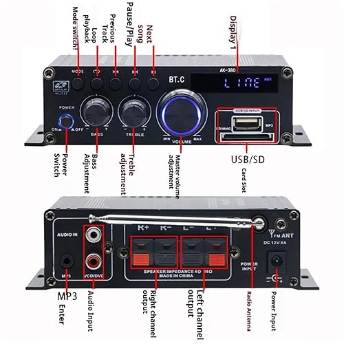 Miniatura 3 de AK-380 Bluetooth 5.0 Amplificador de audio para el hogar, máximo 400W+400W 2.0CH HiFi Stereo con fuente de alimentación de 12 V 5 A, receptor