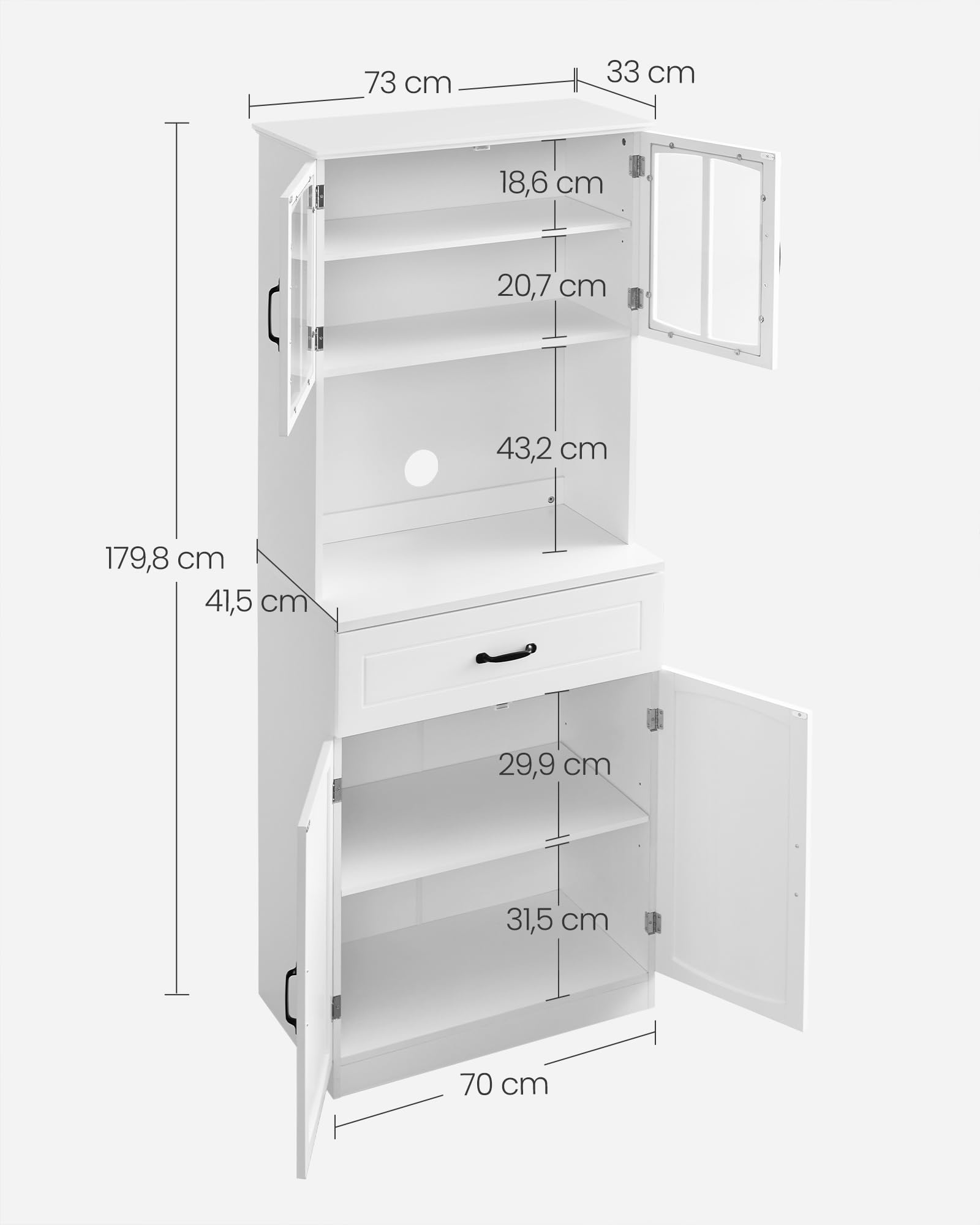 VASAGLE Buffet Haut Cuisine, Meuble de Rangement, Garde-Manger, Vaisselier, avec Portes en Verre et Étagères Réglables, Trou de Passage des Câbles, pour Micro-Ondes, Style Moderne, Blanc LSC361W21