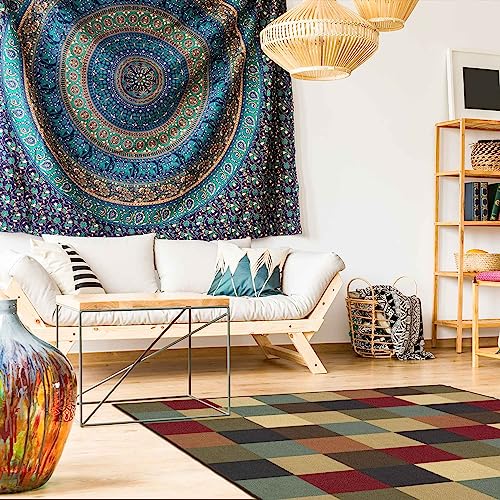 Machine Washable Checkered Design Non-Slip Rubberback 5X7 Traditional Area Rug For Living Room, Bedroom, Kitchen, 5' X 6'6", Multicolor #TOP2