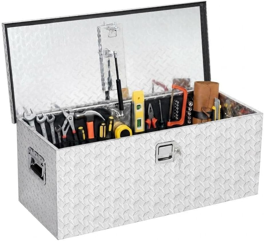 Deichselbox Aluminium Wetterfest Werkzeugkasten Abschlie bar Riffelblech Diamant Platte Aufbewahrung Organizer Silber 76 cm F r Anh nger LKW