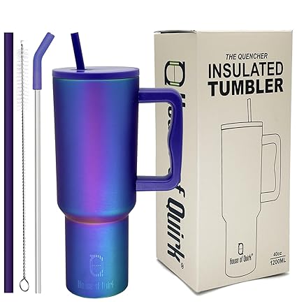 House of Quirk 1200ML Stainless Steel Tumbler Hot and Cold with Handle and Lid 2 Straw, Double Insulated Cup 100% Leak Proof Mug Cupholder for Gym, Travelling (Aurora Prism)