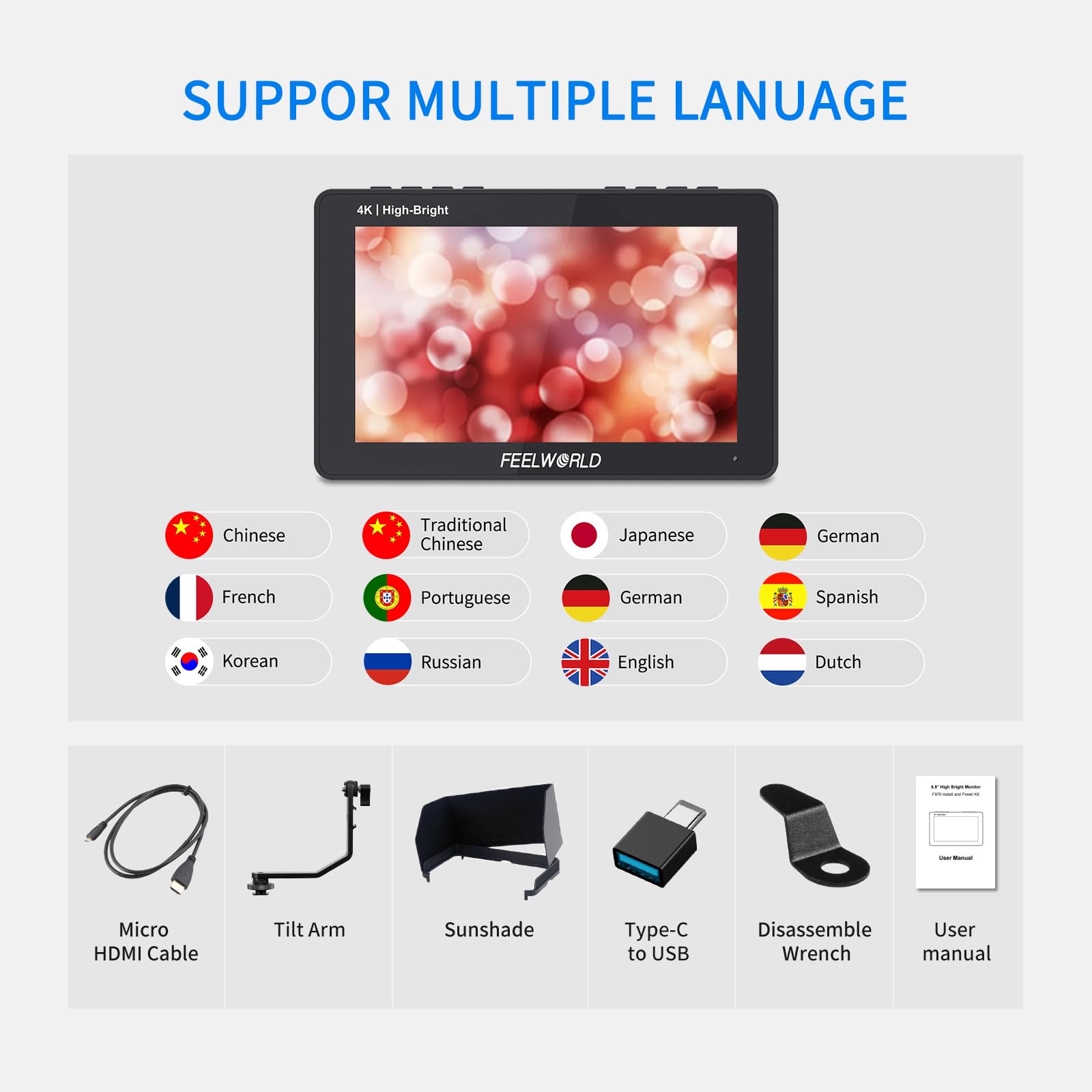 FEELWORLD 5.5 Pollice 1600Nit Camera Field Monitor Ultra Luminoso 4K HDMI Video Monitor Touch Screen DSLR Monitor F970 Installazione Esterna F5PROX