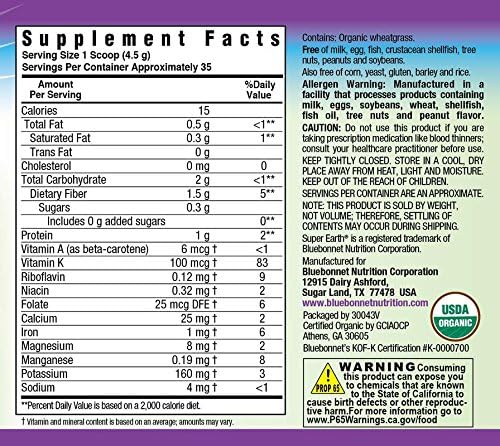 Miniatura 3 de Bluebonnet Nutrition Super Earth - Polvo orgánico de pasto de trigo, 35 porciones, verde oscuro, 5.6 onzas