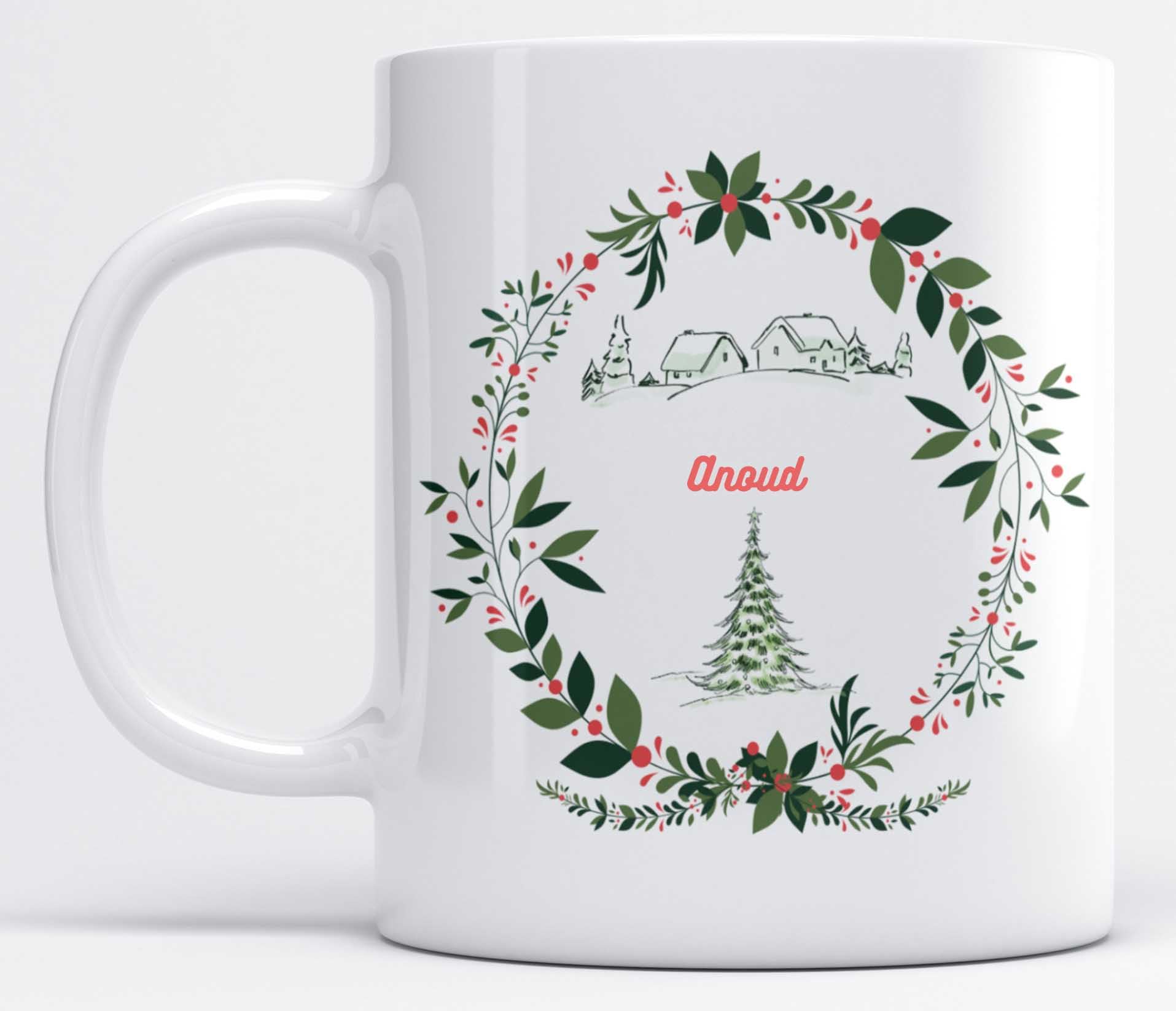 LOROFY Name Anoud Christmas Tree Design E101A White Ceramic Coffee Mug (350ML)