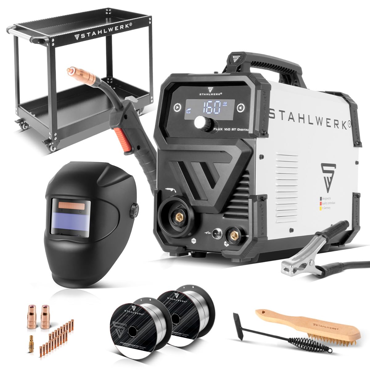 STAHLWERK Soldadora FLUX 160 ST Digital – combinada 3 en 1 con 160 A | Equipo completo con carro