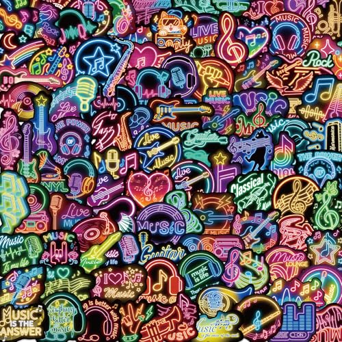 100 Pcs Neon Music Waterproof Vinyl Stickers - Music Band Decor & Party Favors for Laptop Water Bottle Guitar Phone Case