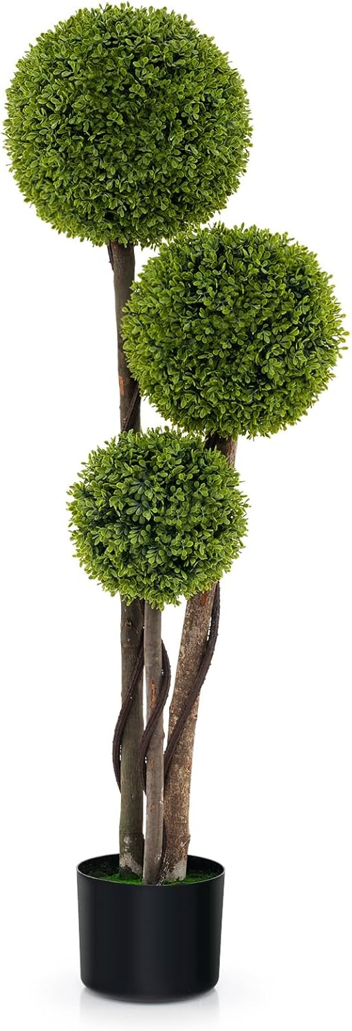 Goplus 4ft Artificial Boxwood Topiary Ball Tree, Faux Potted Plants Cypress Tree in Weighted Pot with Triple Ball, Fake Evergreen Artificial Topiary for Indoor Outdoor Home Front Porch Decor