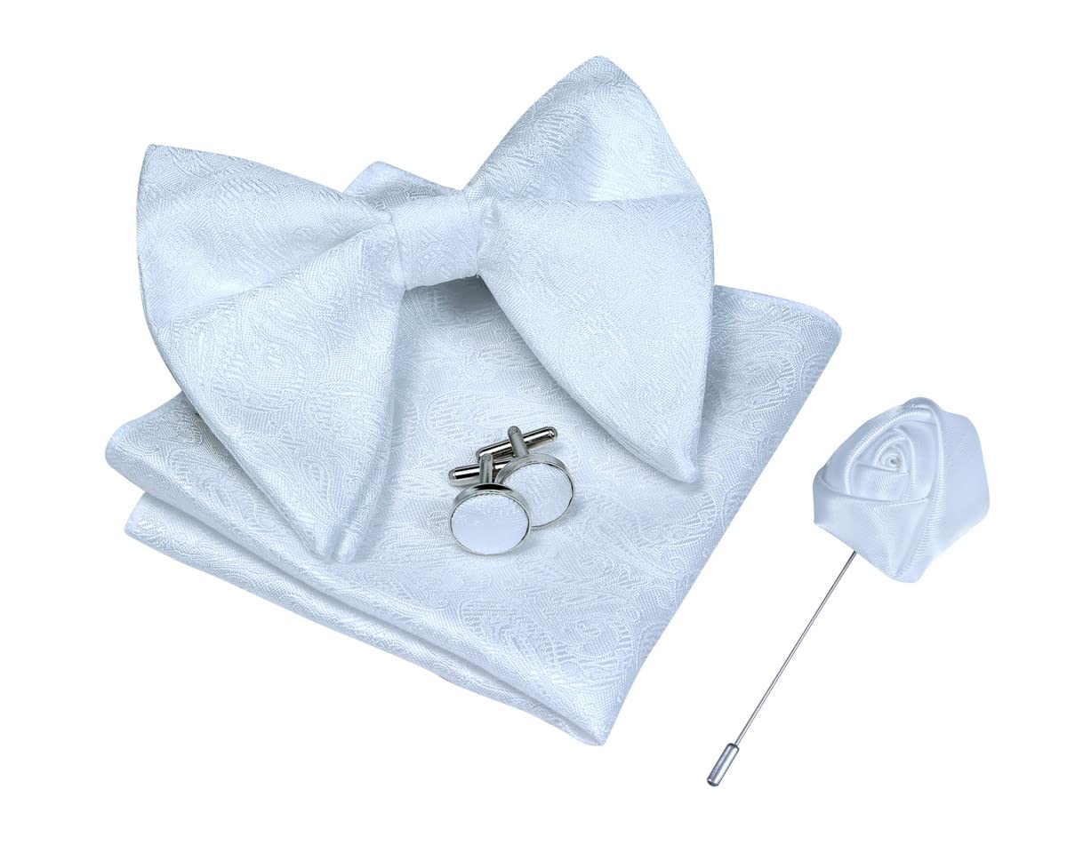 Men’s Pre-Tied Microfiber Butterfly Bow Tie Set with Pocket Square, Cufflinks and Flower Pin (BBS-8)-image-41