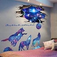 Vista 4 de Calcomanías de pared 3D de PVC, diseño mágico 3D de cielo estrellado estrellado, lobo y luna, para pared, de la vía láctea, espacio exterior