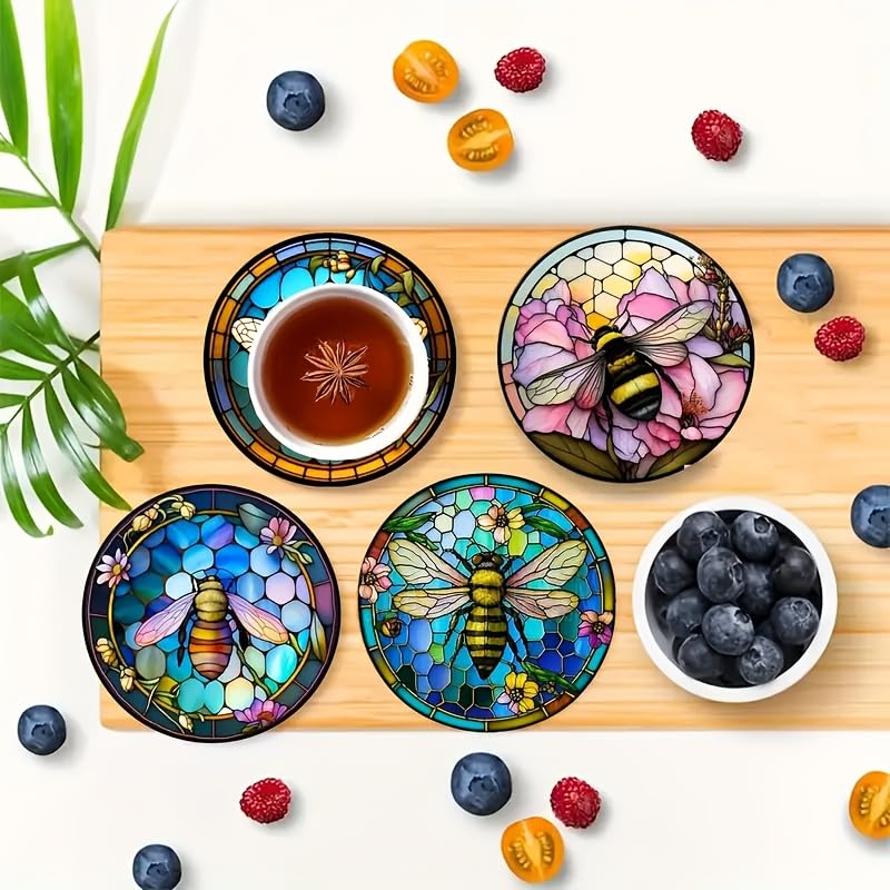 Image of 6pcs Artistic Bee and Floral Wooden Coasters - Painted Glass Effect, 3.93x3.93 Inches - Perfect for Coffee Cups, Home Decor, and Unique Housewarming Gifts, Bee Decor