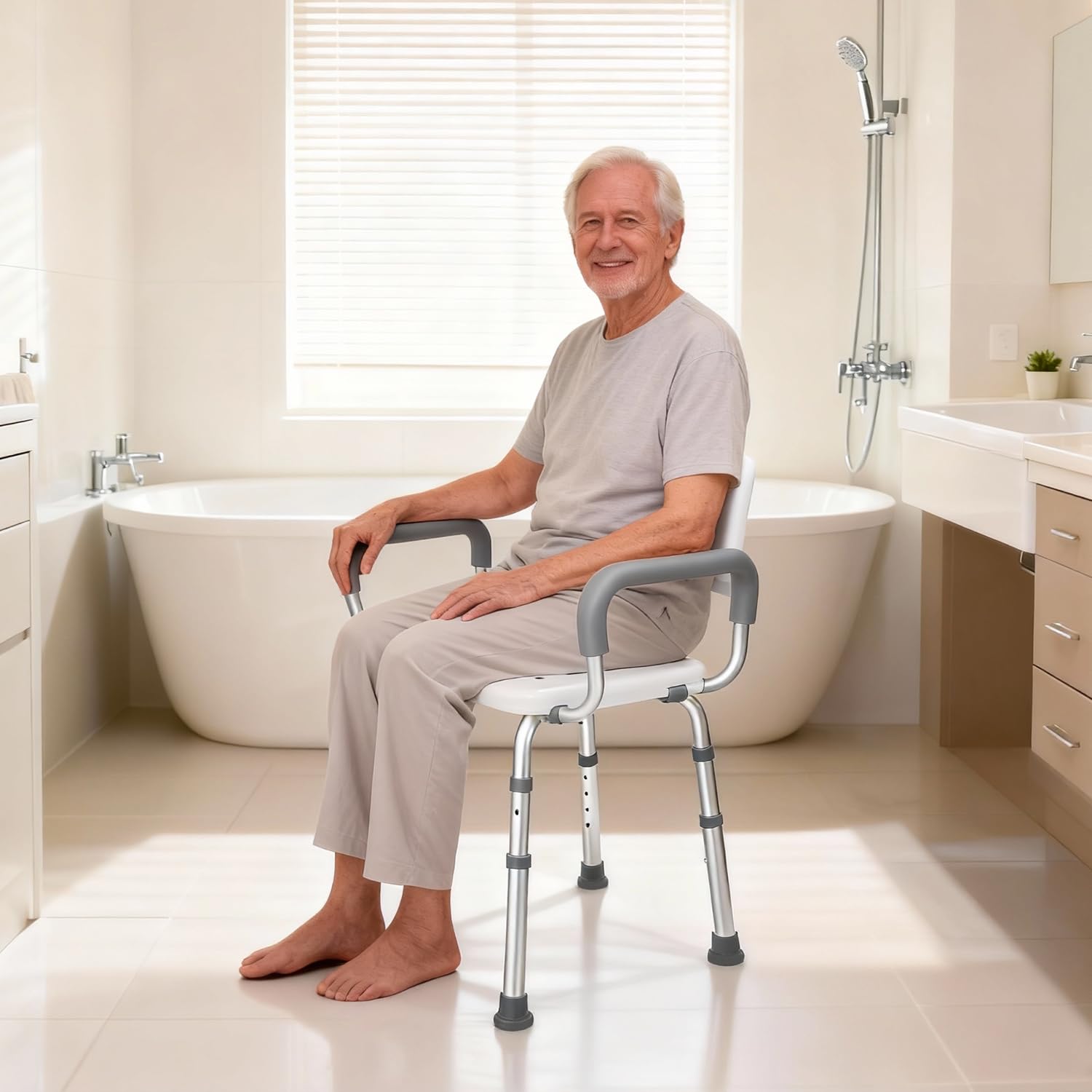Sedia da doccia per anziani e disabili con braccioli rimovibili – Regolabile in altezza, sgabello da bagno robusto antiscivolo, supporta fino a 159 kg, per doccia e vasca