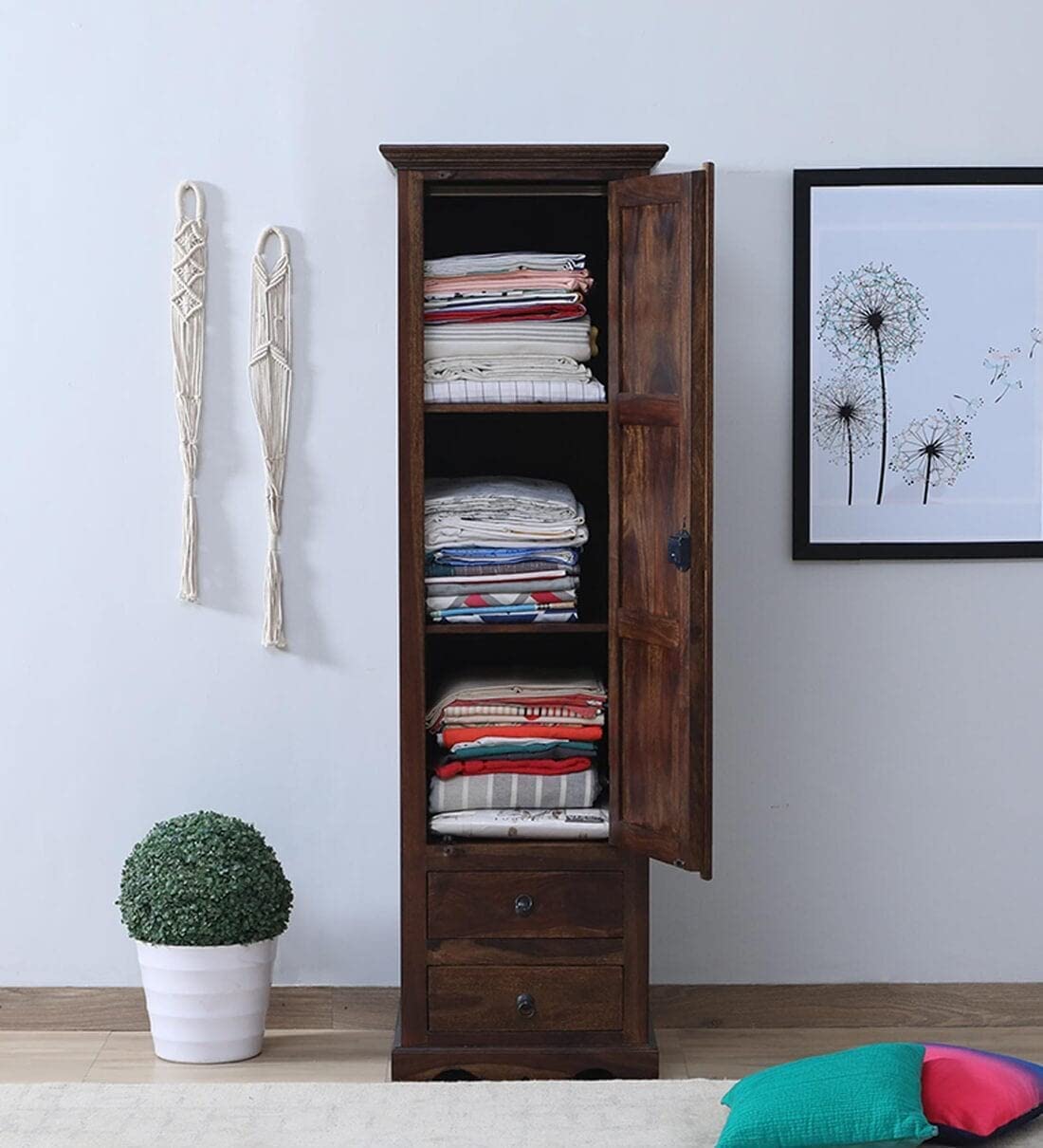 Woodcrony Sheesham Wood Wardrobe with Door and 3 Shelves Storage for Bedroom Wooden Almirah for Clothes for Living Room Bedroom Home, Solid Wood Furniture (Walnut Single Door)-image-20