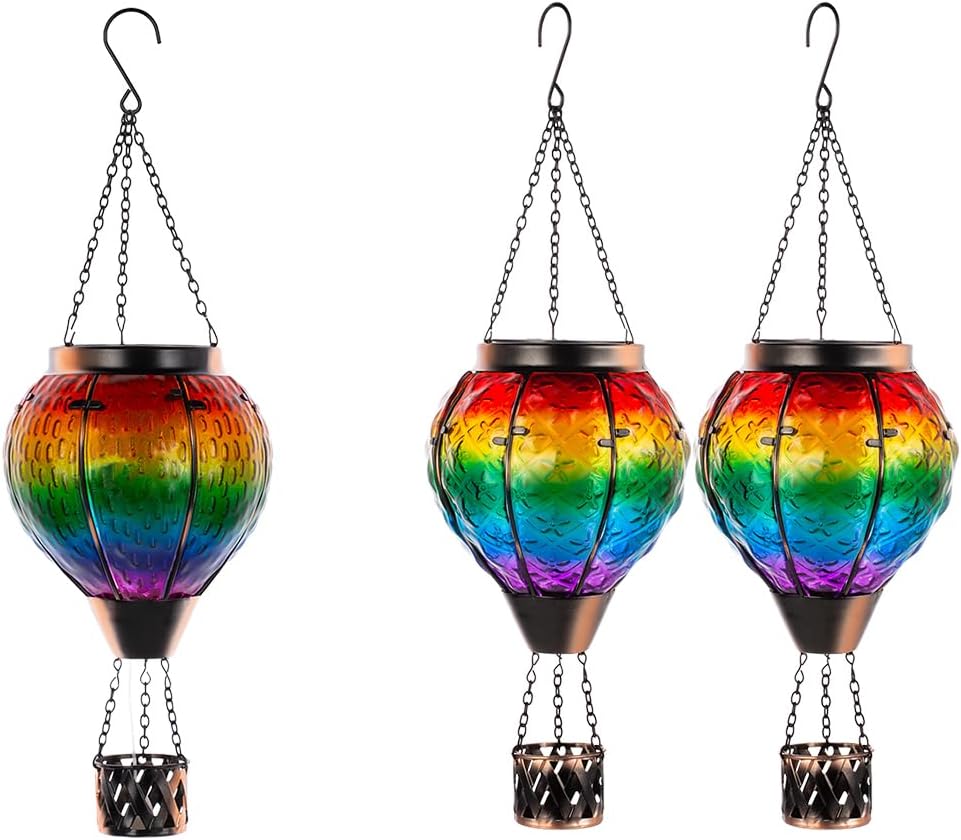 DREAMSOUL Hot Air Balloon Solar Lantern with Candle Holder + 2 PCS Rainbow Solar Hot Air Balloon Lantern with Flame