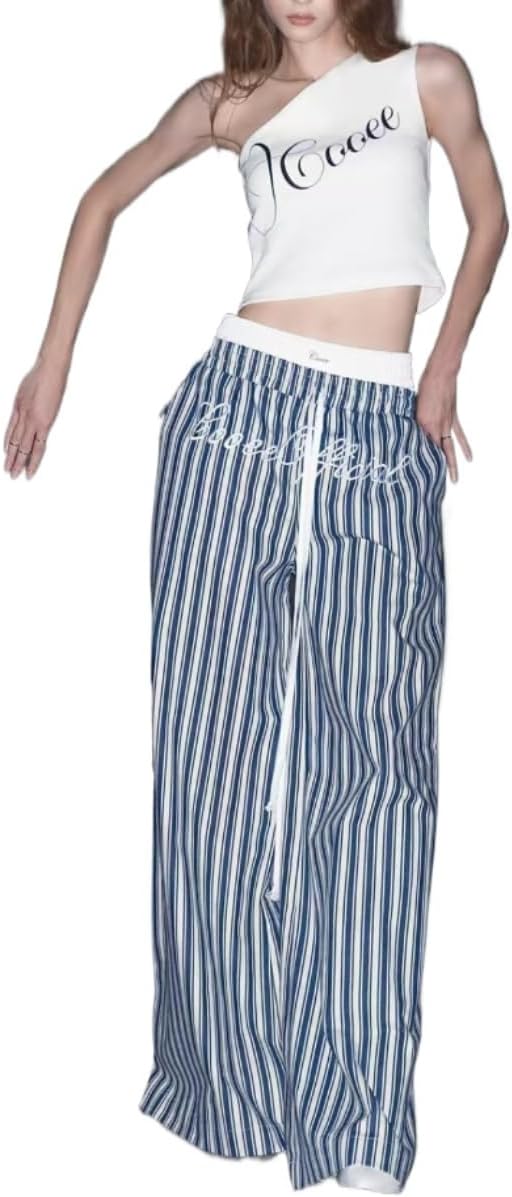 Y2K Streetwear 2 Pieces Set One Shoulder Graphic Top and Blue Stripe Low Waist Wide Leg Pants Summer Outfit Women