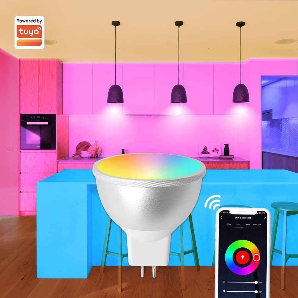 BENEXMART WiFi MR16 Tuya bombillas led inteligentes, 12V 5W RGBCW regulable Spotlighting GU5.3 LED WiFi bombilla, compatible con Alexa Google Home control de voz. (6)