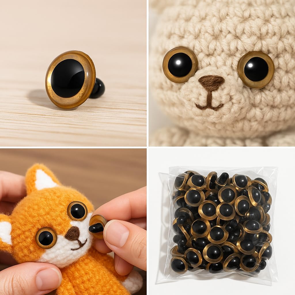 18mm Plastic Safety Eyes for Soft Toys & Amigurumi – Golden Border Black Eyes – 100 Pieces/Packet – Craft & Doll Making Accessories Animal Puppet Toys Crafts DIY Making Collections-image-28