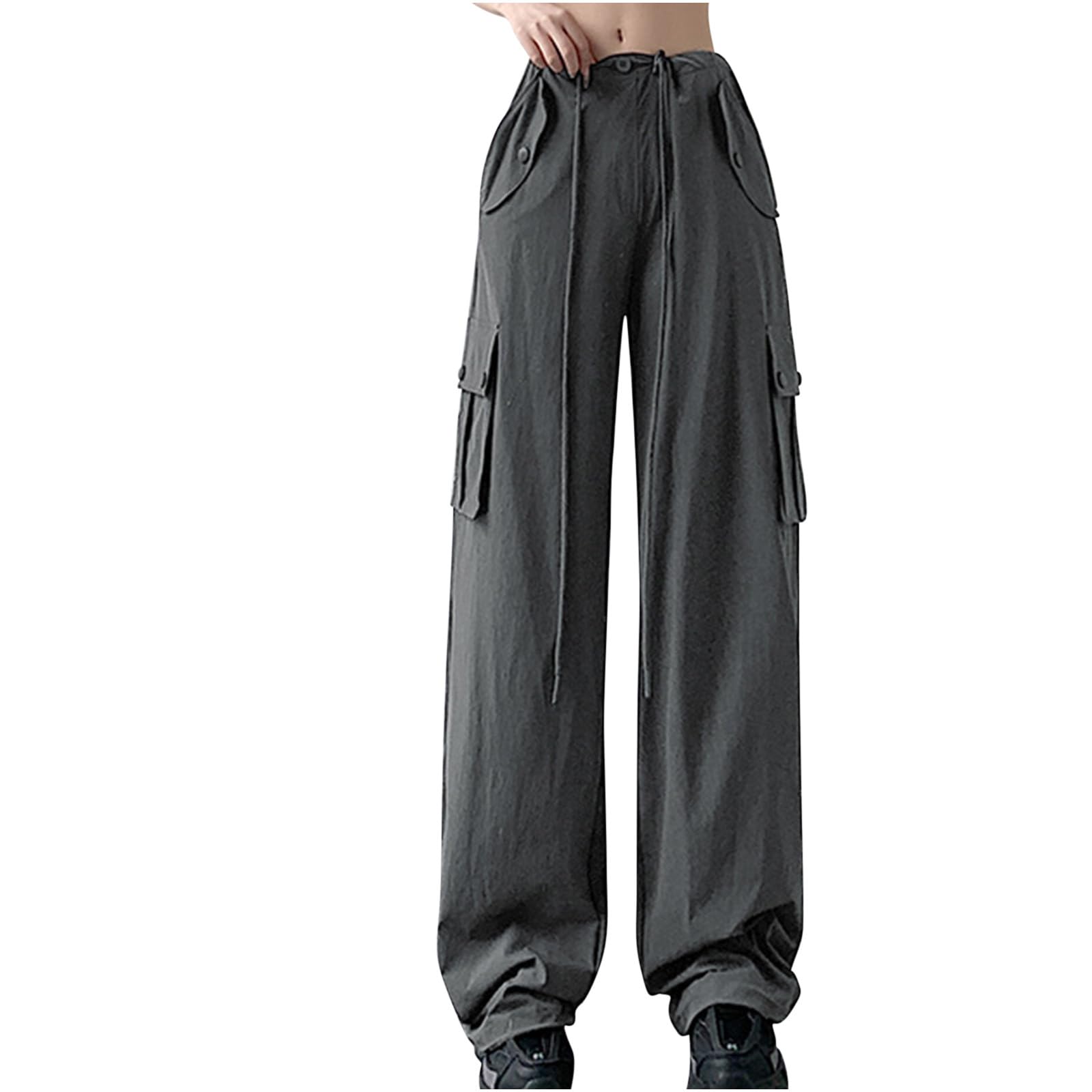 XUNRYAN Cargo Pants Girls Juniors Pants Low Waist Baggy Parachute Pants Wide Leg Utility Pants Streetwear Hippie Clothes Gray