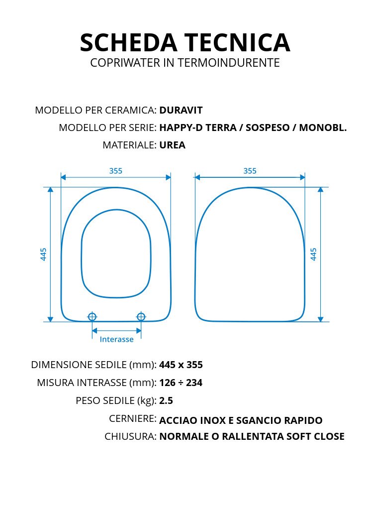 Copriwater per DURAVIT HAPPY-D TERRA/SOSPESO/MONOBLOCCO TERMOINDURENTE BIANCO cerniera inox normale o rallentata soft close