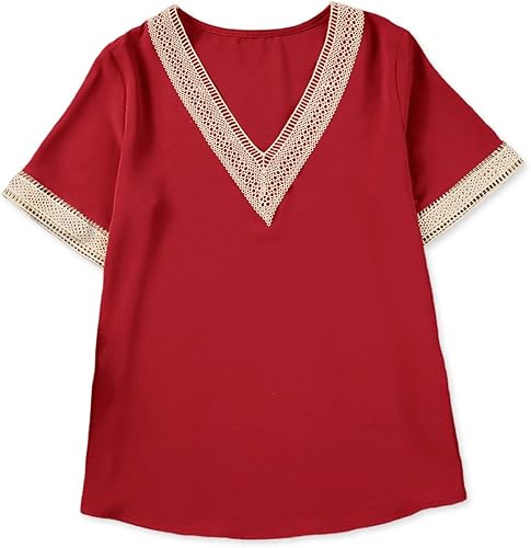 Miniatura 7 de EVALESS Blusas de verano sexy de manga corta para mujer, blusas con cuello en V y ribete de encaje, blusas de moda para mujer, camisas casuales