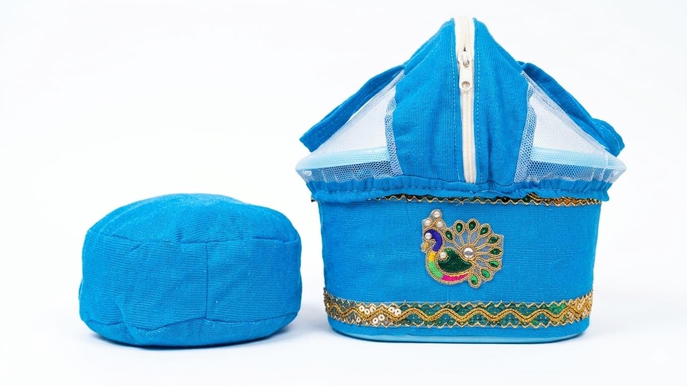 Laddu Gopal, Thakur ji Net Cary Basket/Daily Uses/Tokri with Suitable Handle for Travelling laddu Gopal relex velvet cushion for 0 to 6 number gopal ji (Blue)-image-17