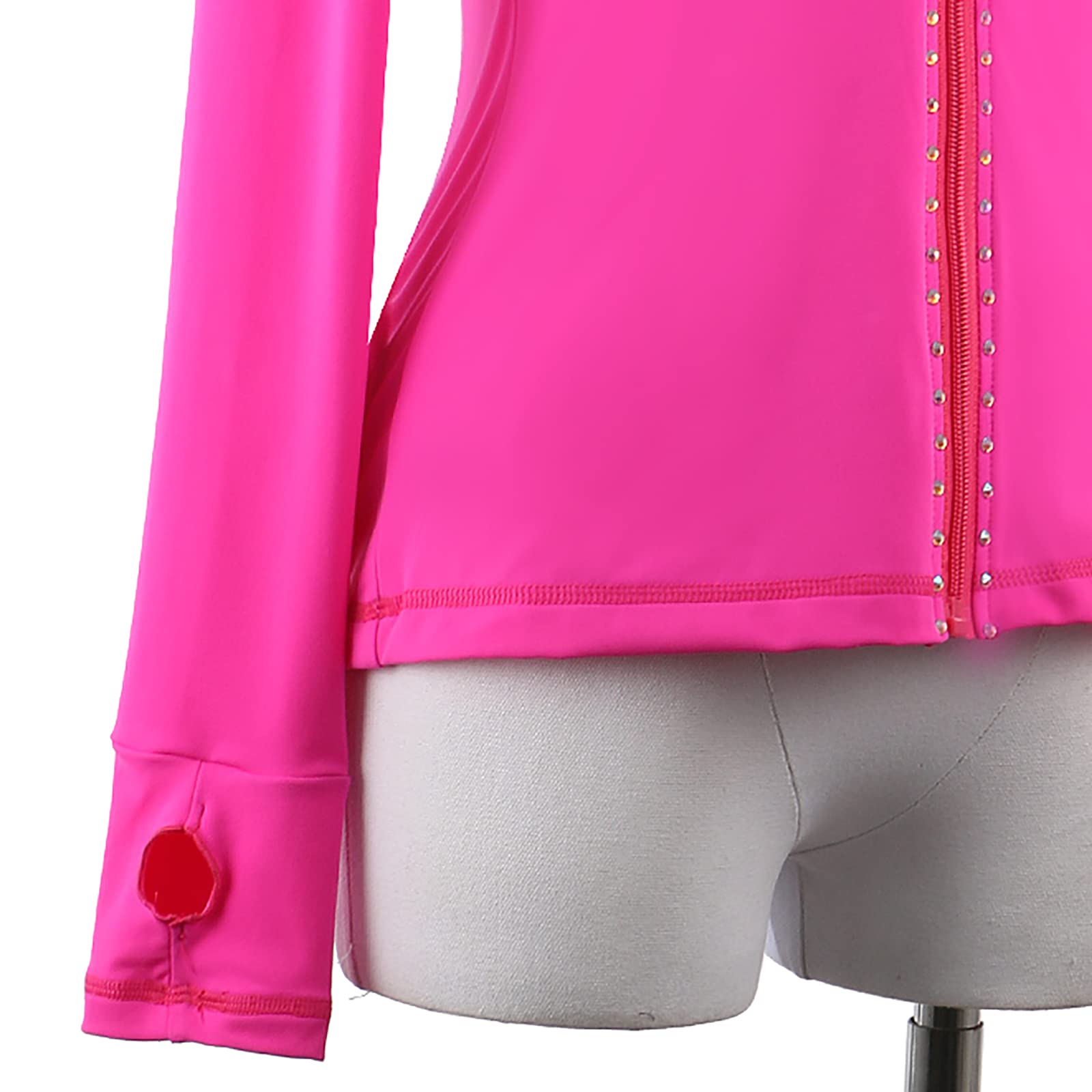 Chaqueta de Patinaje Artístico con Pedrería y Brazalete para Pulgar Niñas y Mujeres Manga Larga Prendas Abrigo Entrenamiento de Patinaje sobre Hielo(Size:S.,Color:Rosa roja)