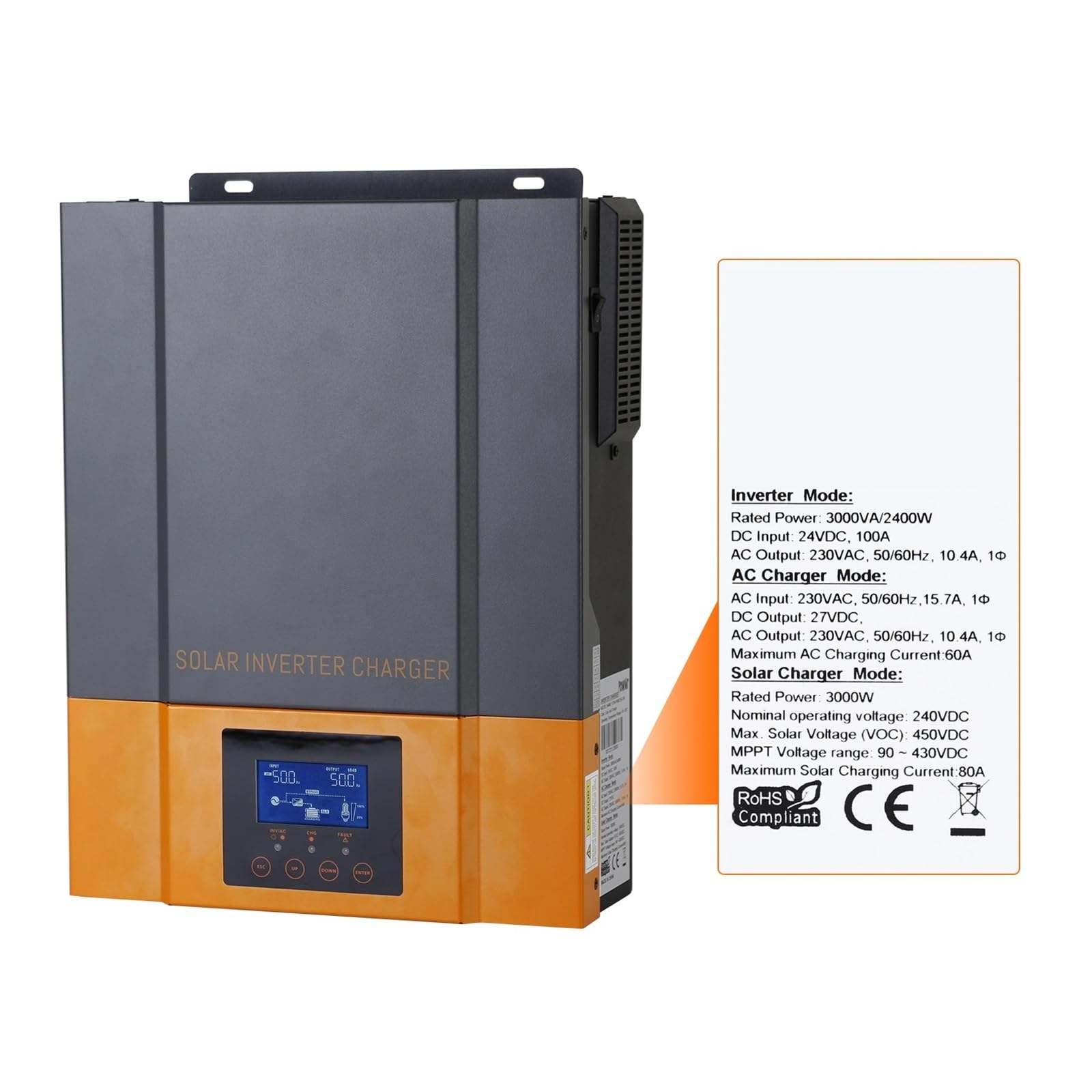 Hybrydowy Falownik Solarny 12V 24V 1.5KW 3KW Z 80A 100A MPPT Kontroler Słoneczny PV Max 450V Czysta Fala Sinusoidalna OszczęDność KosztóW(3000w 24V,No WIIFI)