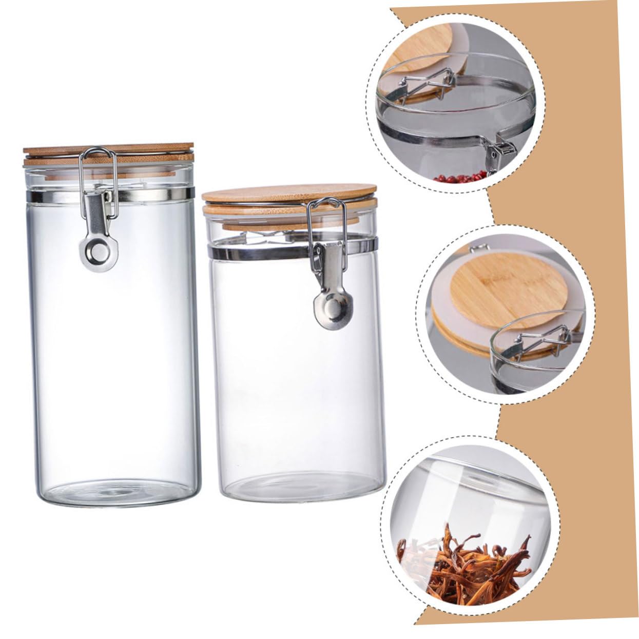 ABOOFAN Contenitori Ermetici in Vetro Chiusura 2 Pezzi per Cucina | Capienze 1140ml e 1280ml, Acciaio Inossidabile e Legno, Adatti a Polveri e Tè