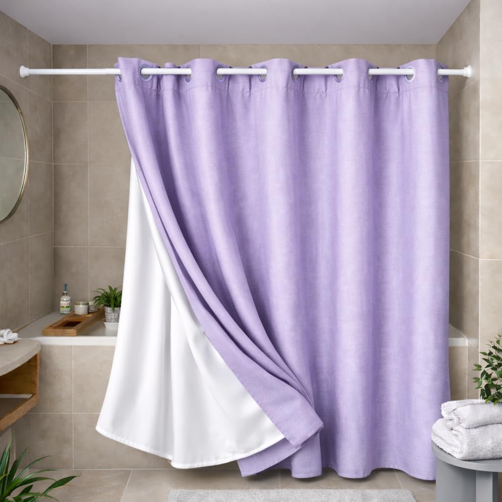 ZEKE & Zelda Hotel Shower Curtains with Snap On Liners – 71 x 77 Inches Extra Long Heavy Duty 230GSN Fabric Hookless Shower Curtains – Full Length Bathroom Curtains Shower (Lilac)