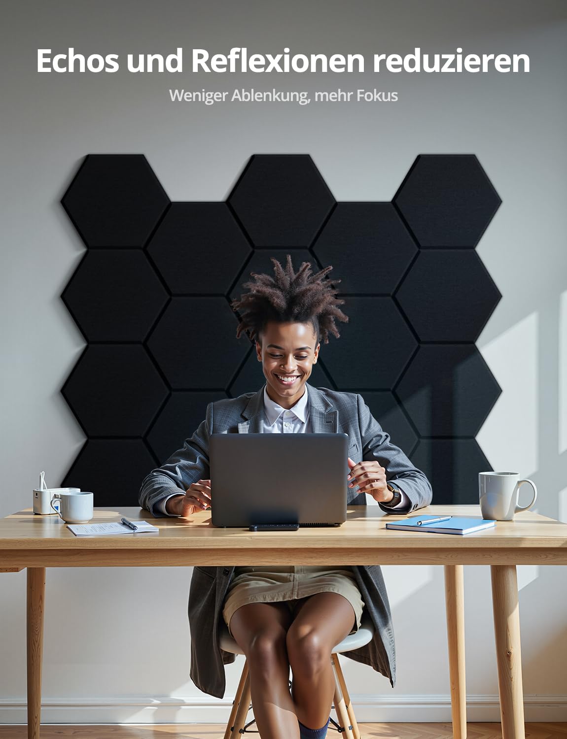 Kuchoow Hexagon Akustikplatten selbstklebend Schallabsorber Wand, 12 Stück Akustikpaneele Filz Akustik Absorber für Studio, Gaming, Büro, Decke, Tür, Kinderzimmer, Wohnzimmer, 30x26x0,9 cm, Schwarz