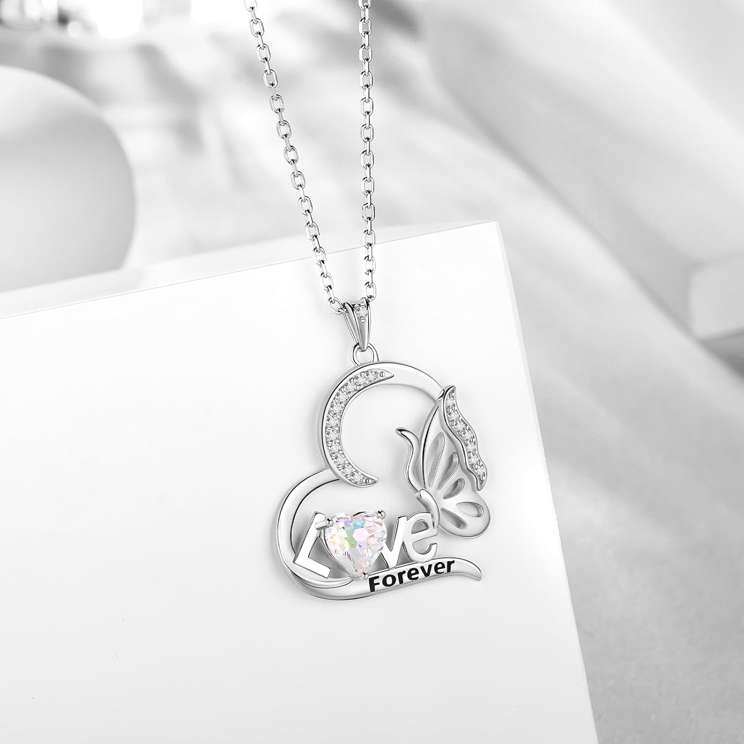 Aurora Tears Birthstone Love Heart Butterfly Pendant Necklace - 925 Sterling Silver Firework-Cut Cubic Zirconia Love Forever Necklace Anniversary Birthday Jewelry Gift for Women Wife Mom Daughter - Image 2