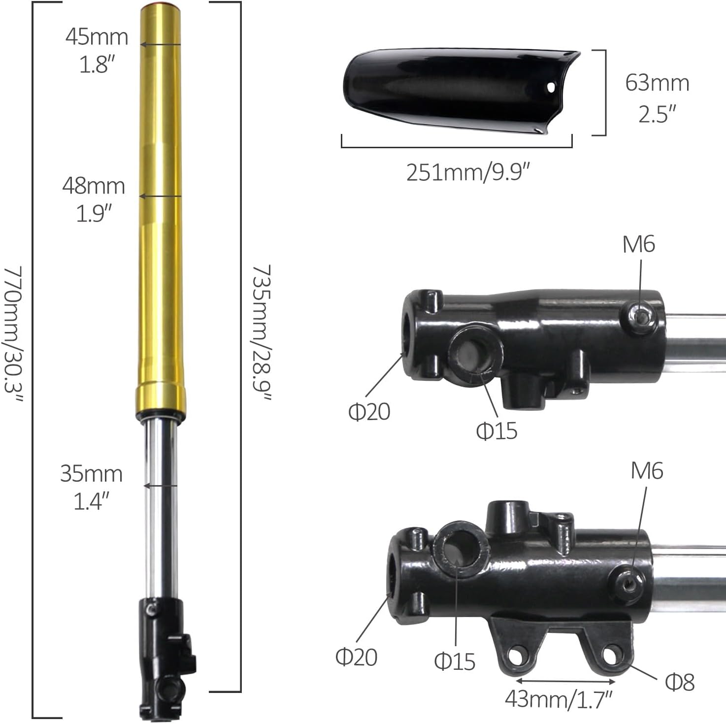 735mm Gold Upside Down Front End Forks Shock Wheel Fork Suspension with Triple Clamp 45mm 48mm for 14" 17" 19" Wheel Disc Brake Kit Apollo SSR 140cc 150cc 125cc Pit Dirt Bike (29" Inch)