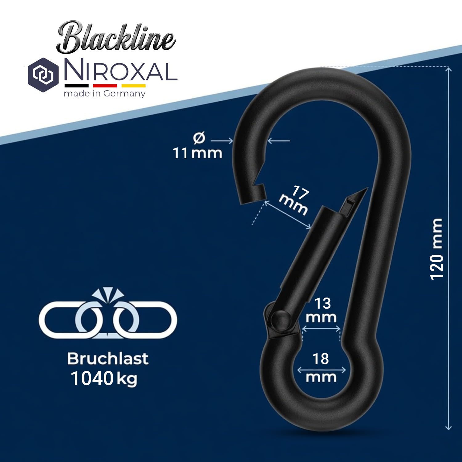 Mousqueton noir V4A A4 sans goujon - Blackline noir noirci durablement - Différentes tailles et quantités - Inoxydable - Qualité marine