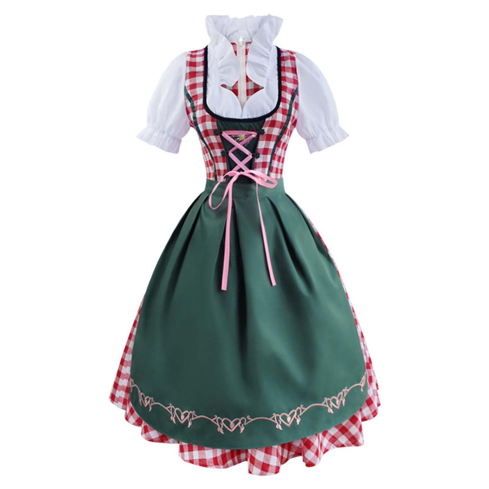 Oktoberfest Costumes Women German Dirndl Dresses Plus Size Traditional Bavarian Costume Beer Girl Maid Plaid Apron Fancy Dress Carnival Halloween Party Cosplay Role Play Dirndl Dress Checked Outfits